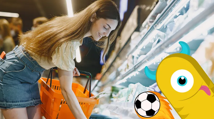 žena nakupuje v supermarketu, z rohu vykukuje postava podobné mimoňům