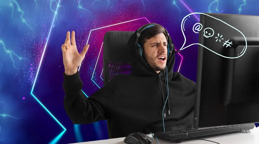 koláž, gamer sedí naštvaný před monitorem