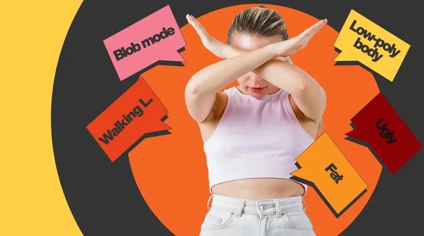 znázornění body shamingu na grafice, žena a kolem ní věci, které si říká v hlavě