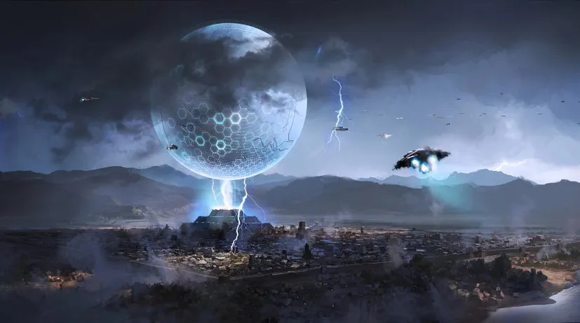 vesmírná sci-fi scéna, boj a letouny nad městem