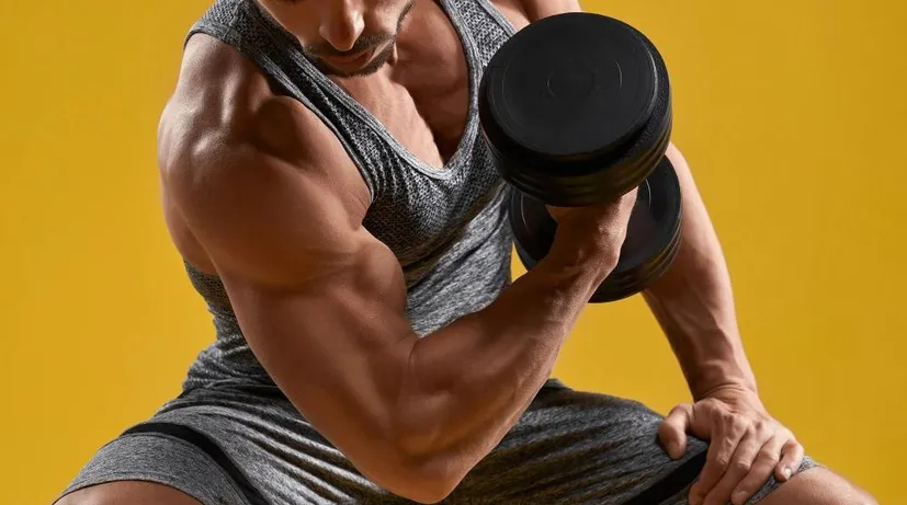 muž cvičí s činkou biceps ve fitku